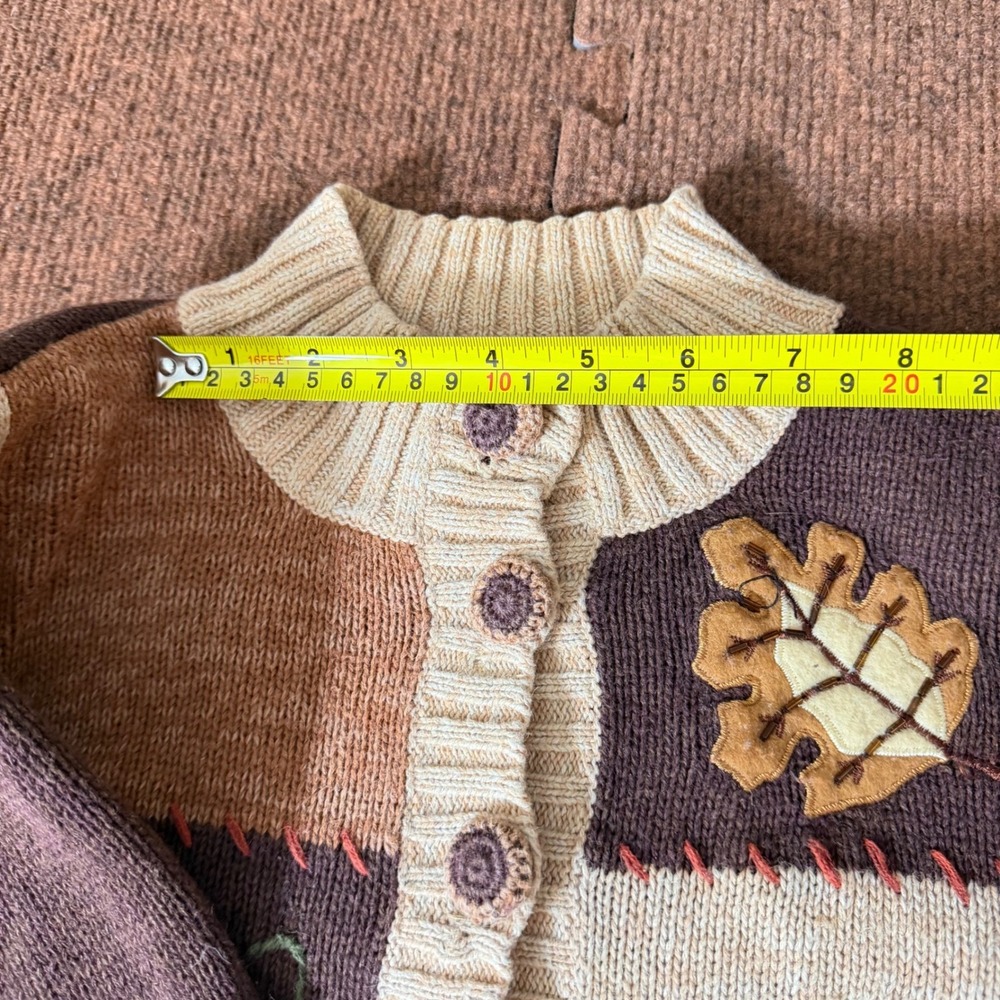 Tiara International Fall Patchwork Cardigan Pumpkin Embroidered Sweater Brown L - Picture 6 of 10